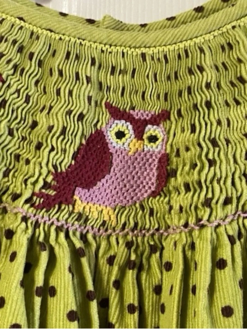 Girls' Lime Green Polka Dot Smocked Dress with Owl Embroidery